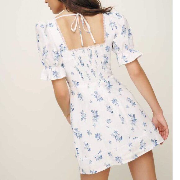 BEST Reformation Evianna Linen Mini Dress Delicacy Blue Ivory Floral Causal - Picture 2 of 14